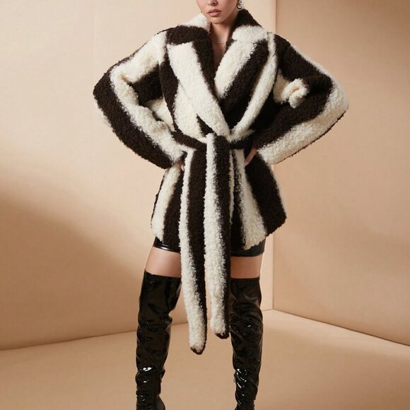 Black And White Casual Women's Colorblock Luxurious Long Sleeve Fluffy Coat - Picture 4 of 8